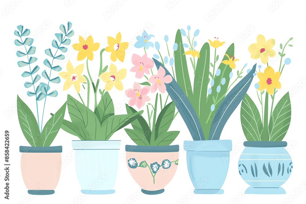Illustration of potted plants with colorful flowers in decorative pots, perfect for home decor and interior design. Illustration of potted plants with colorful flowers in decorative pots, perfect for home decor and interior design.
