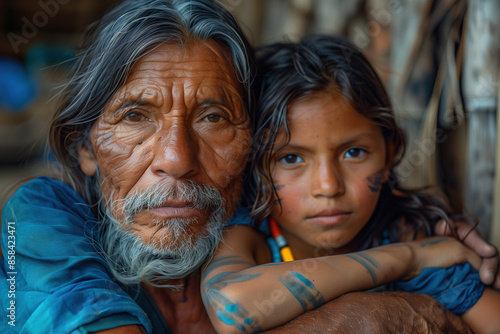 A grandfather and his granddaughter are standing close to each other They are South American Indians © EJManzaneque