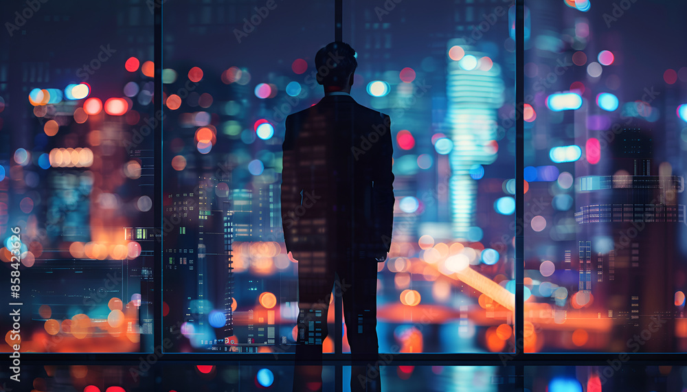 Silhouette of young intelligent man managing director resting after late business meeting while standing near big office window background with copy space for your text message or promotional content Silhouette of young intelligent man managing director resting after late business meeting while standing near big office window background with copy space for your text message or promotional content