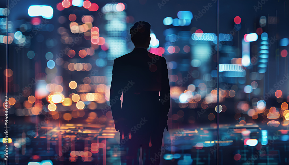 Fototapeta premium Silhouette of young intelligent man managing director resting after late business meeting while standing near big office window background with copy space for your text message or promotional content