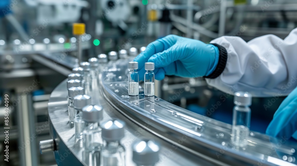 Sanitary gloves examining medical vials on an automated production line in a modern pharmaceutical factory, surrounded by high-tech equipment and sterile environment.
Sanitary gloves examining medical vials on an automated production line in a modern pharmaceutical factory, surrounded by high-tech equipment and sterile environment.