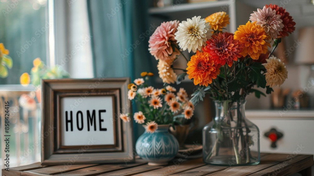 Chrysanthemum flowers frames and HOME word displayed on wooden table in living room Chrysanthemum flowers frames and HOME word displayed on wooden table in living room