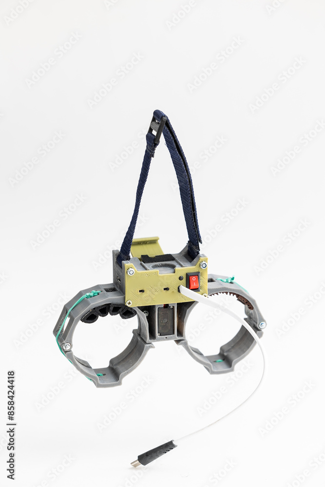 Engineering development for war, mechanism for dropping grenades from army drone on white isolated background. Concept military UAVs using in weapon