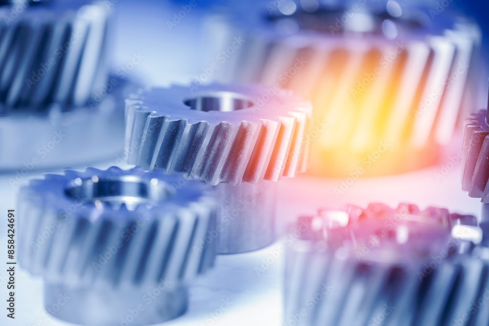 Macro photo metal engine gear wheels. Industrial background blue toning, concept fix service of car Macro photo metal engine gear wheels. Industrial background blue toning, concept fix service of car