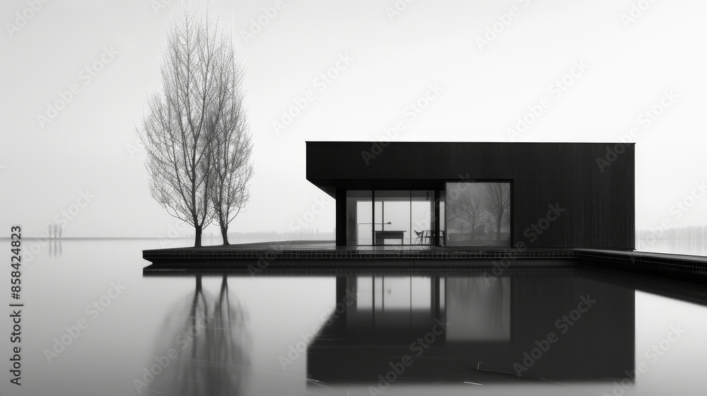 A futuristic house on the lake shore is reflected in the water, there are several trees near the house. Minimalist black and white landscape with a house A futuristic house on the lake shore is reflected in the water, there are several trees near the house. Minimalist black and white landscape with a house