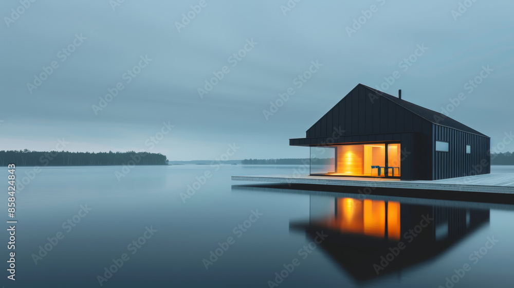 a modern house on the lake, lights are on in the windows, the house is reflected in the water a modern house on the lake, lights are on in the windows, the house is reflected in the water