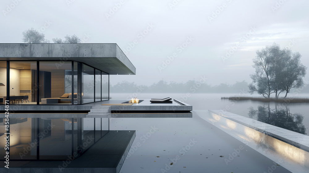 a modern house on a lake in the mountains, lights are on in the windows, the house is reflected in the water a modern house on a lake in the mountains, lights are on in the windows, the house is reflected in the water