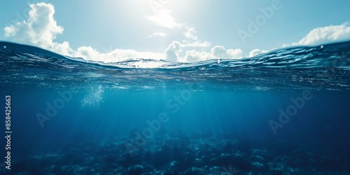 A breathtaking view of a clear ocean surface under a bright sky, with sunlight illuminating the visible sea floor, portraying tranquility and the vastness of nature.