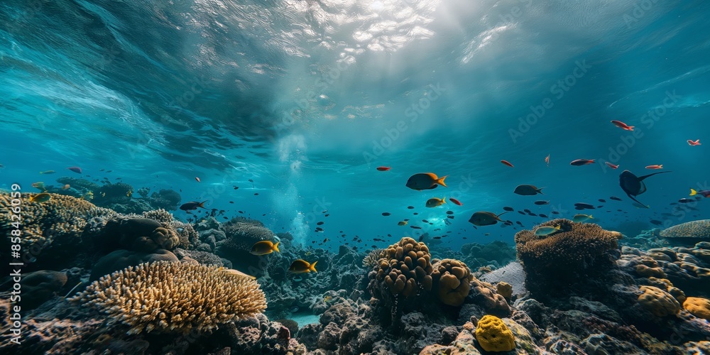Obraz premium An underwater view of a diverse coral reef habitat, with a variety of fish species swimming amidst vibrant corals, showcasing the underwater world's rich ecological diversity.