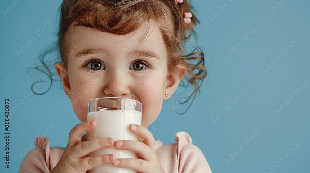 Portrait of a satisfied cute little girl with glass of milk isolated over blue background. Portrait of a satisfied cute little girl with glass of milk isolated over blue background.