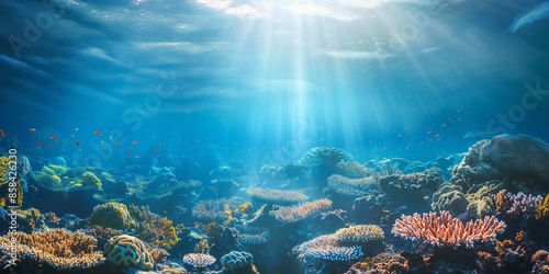 An enchanting underwater scene features colorful coral reefs thriving in crystal-clear waters, with rays of sunlight piercing through to illuminate the marine ecosystem. photo