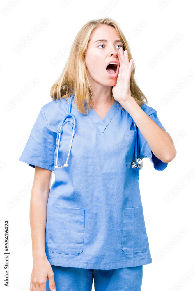 Beautiful young doctor woman wearing medical uniform over isolated background shouting and screaming loud to side with hand on mouth. Communication concept. Beautiful young doctor woman wearing medical uniform over isolated background shouting and screaming loud to side with hand on mouth. Communication concept.