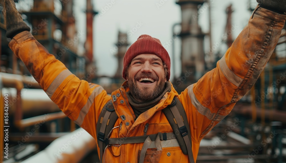 Elated worker in orange safety gear with raised arms stands in an industrial backdrop, signifying joy and celebrating achievements, showcasing determination and perseverance. Elated worker in orange safety gear with raised arms stands in an industrial backdrop, signifying joy and celebrating achievements, showcasing determination and perseverance.