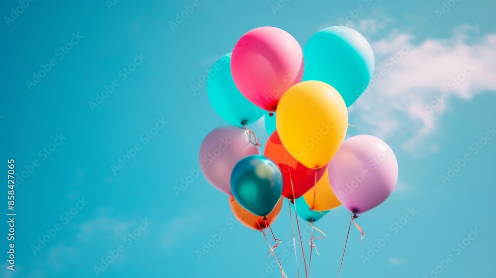A joyful group of colorful balloons floating against a clear blue sky A joyful group of colorful balloons floating against a clear blue sky