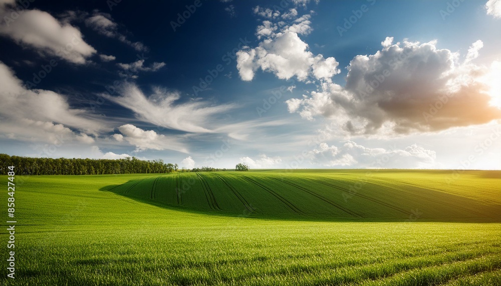 Fototapeta premium Tranquil Green Field Under Blue Sky