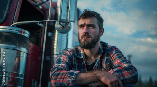 A man with a beard and a plaid shirt is standing next to a semi truck © Sergei