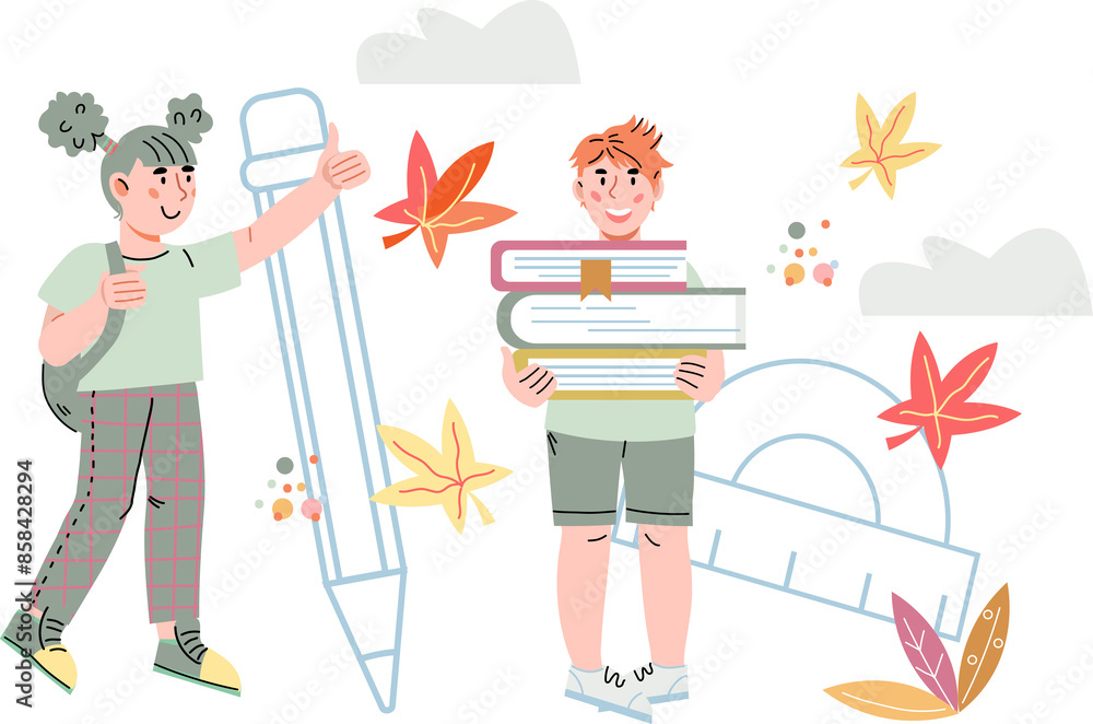 Fototapeta premium Back to school concept with schoolboy and girl. Schoolchildren for kids learning and school education, online lessons.