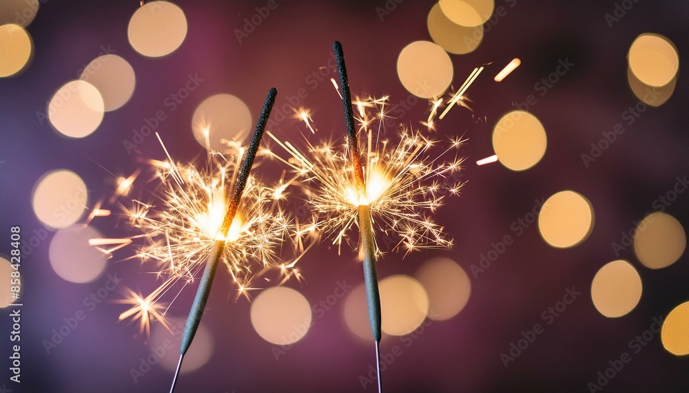 Fototapeta premium two classic sparklers with purple blurred bokeh lights on a black purple gradient background