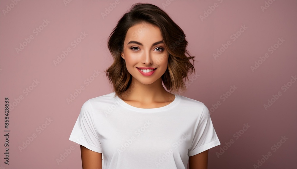 Obraz premium young woman smiling with blank white t-shirt on a pastel pink background, studio shot