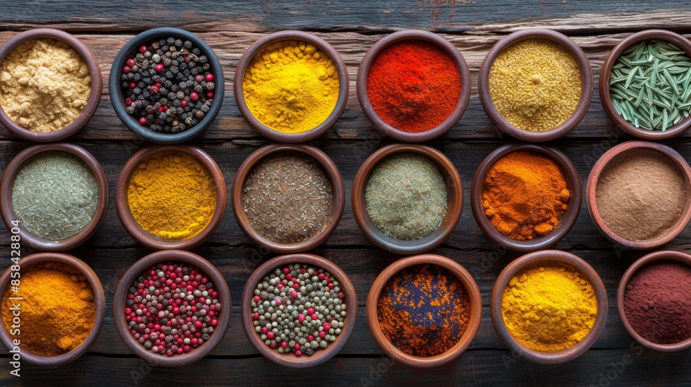 Various spices arranged in small bowls on a rustic wooden table Various spices arranged in small bowls on a rustic wooden table