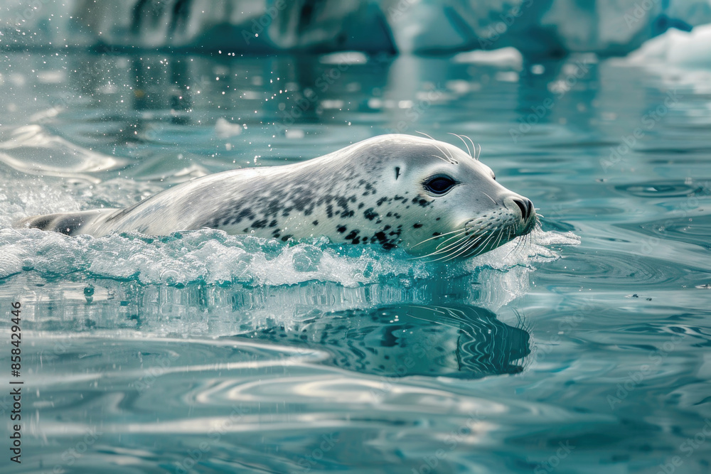 Fototapeta premium A seal slides into the ocean from an icy ledge, creating ripples and splashes