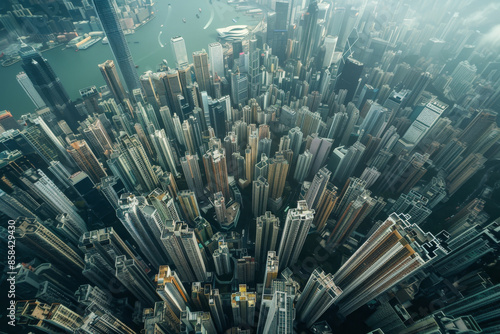 A bird’s-eye view of an expansive urban jungle filled with countless tall buildings under hazy skies, showcasing urban density and architectural grandeur.