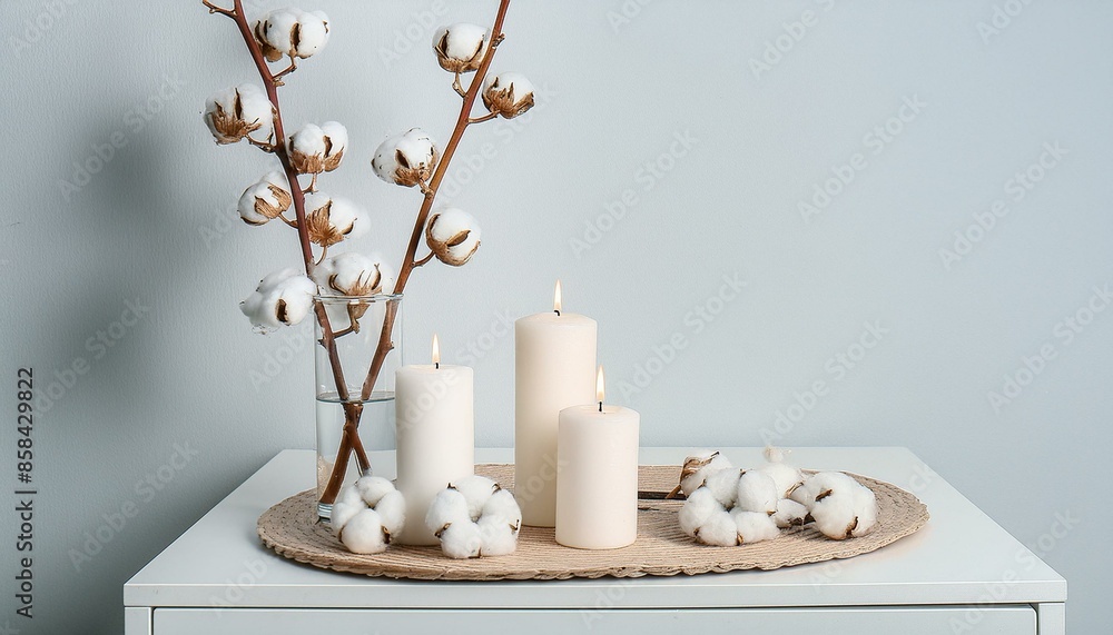 Stylish table with cotton flowers and aroma candles near light wall. Banner for design Stylish table with cotton flowers and aroma candles near light wall. Banner for design