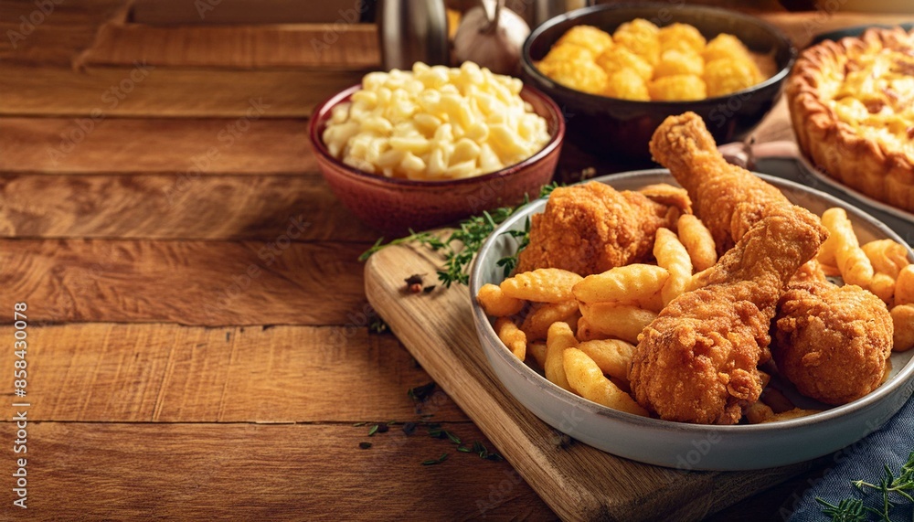 Naklejka premium Depict a cozy scene with classic comfort foods like mac and cheese, fried chicken, mashed