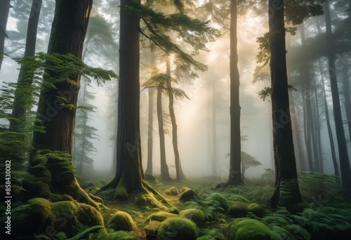 misty dawn old ancient forest landscape foggy morning atmosphere, woods, nature, sunrise, trees, ethereal, scenic, serene, greenery, peaceful, tranquil, shrouded photo
