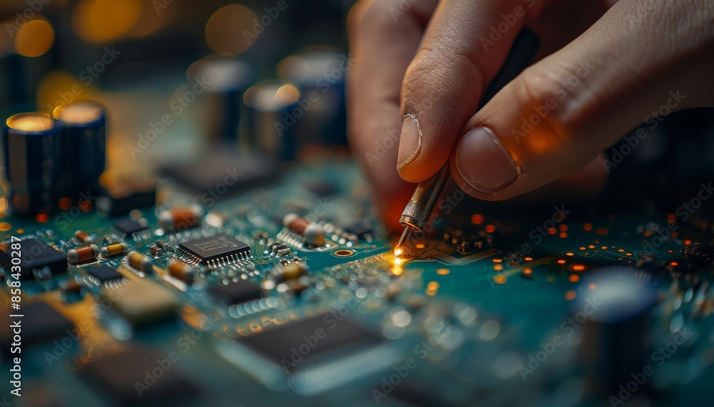 Hands are meticulously engaged in soldering an intricate circuit board, emphasizing the skill and detailed attention needed for electronics craftsmanship and assembly. Hands are meticulously engaged in soldering an intricate circuit board, emphasizing the skill and detailed attention needed for electronics craftsmanship and assembly.