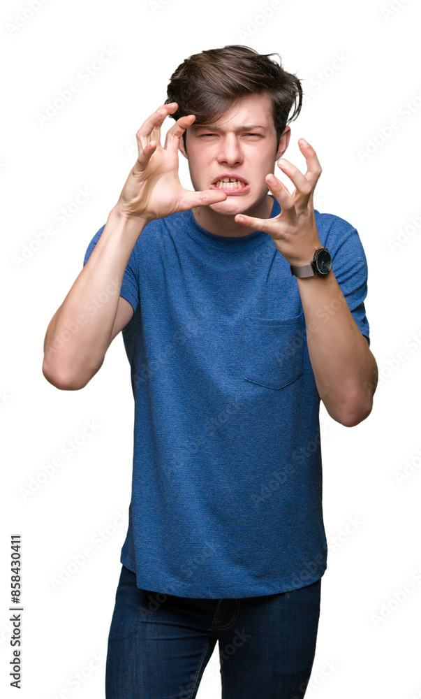 Young handsome man wearing blue t-shirt over isolated background Shouting frustrated with rage, hands trying to strangle, yelling mad Young handsome man wearing blue t-shirt over isolated background Shouting frustrated with rage, hands trying to strangle, yelling mad