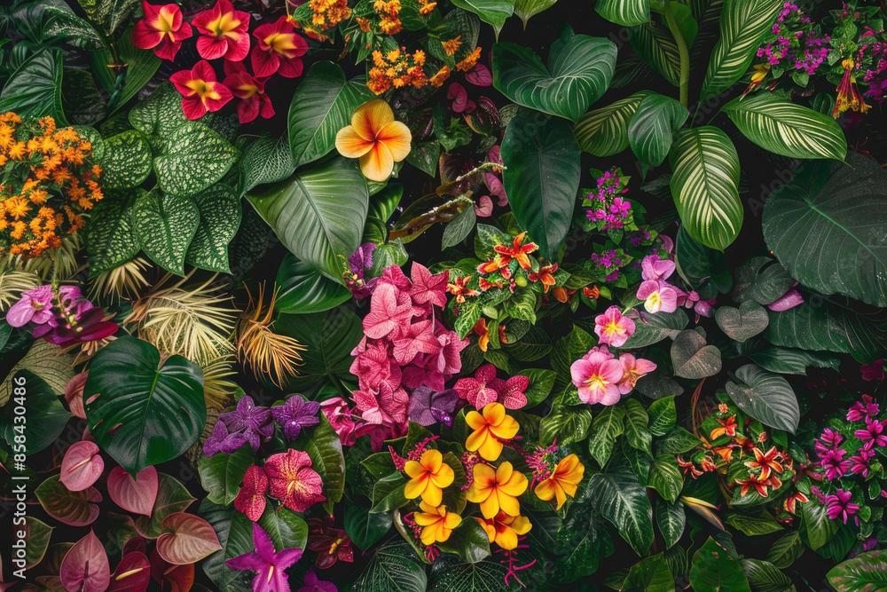 A vibrant top-down view of a tropical garden filled with exotic flowers A vibrant top-down view of a tropical garden filled with exotic flowers