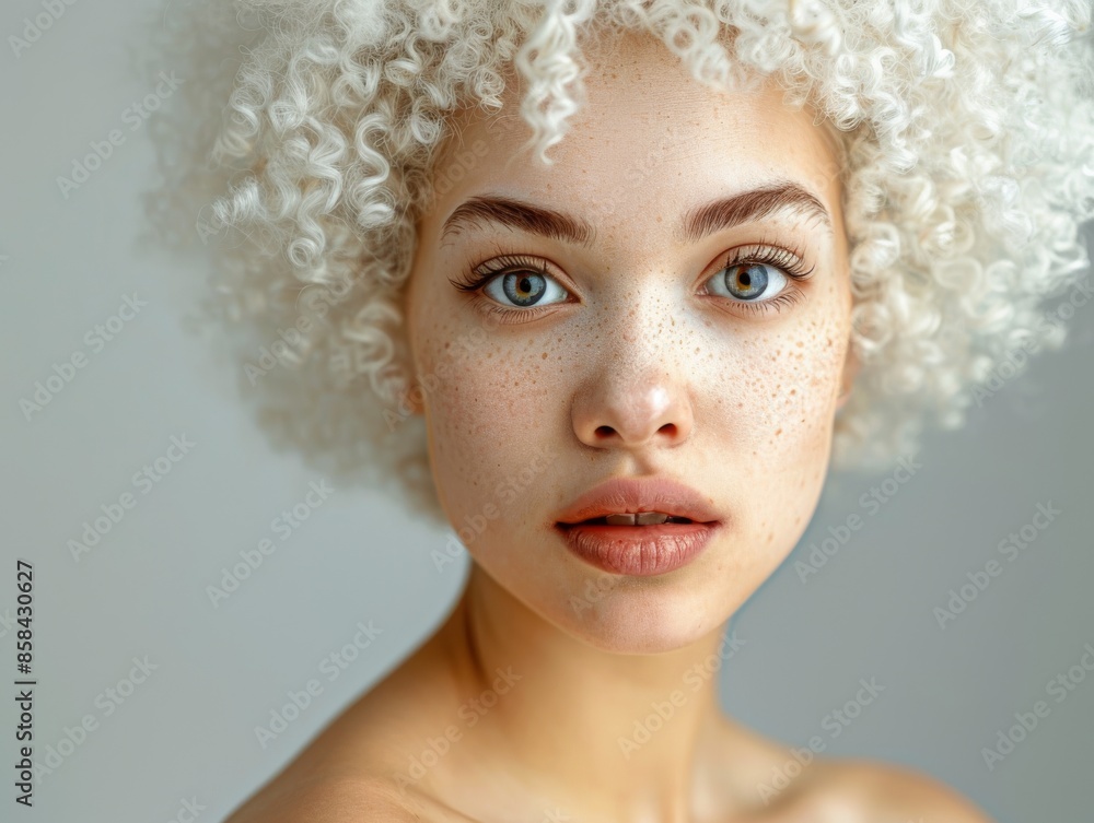 albino with straight hair young woman with natural makeup, perfectly voluminous hair, facing the camera directly in a front view, in an upper body portrait, chest skin visible albino with straight hair young woman with natural makeup, perfectly voluminous hair, facing the camera directly in a front view, in an upper body portrait, chest skin visible
