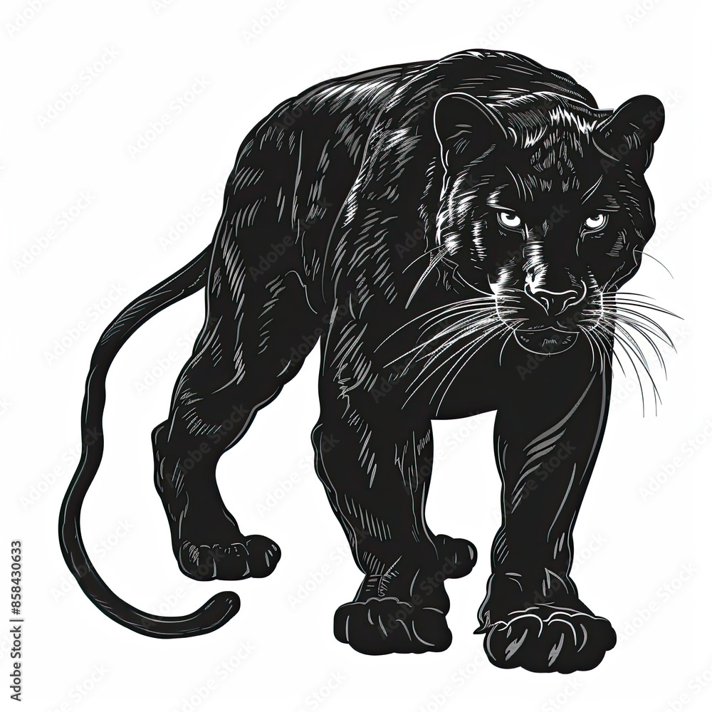 A black panther is standing on a white background