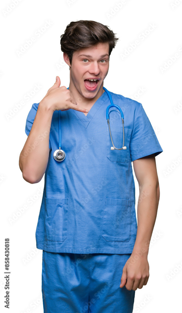 Young doctor wearing medical uniform over isolated background smiling doing phone gesture with hand and fingers like talking on the telephone. Communicating concepts.