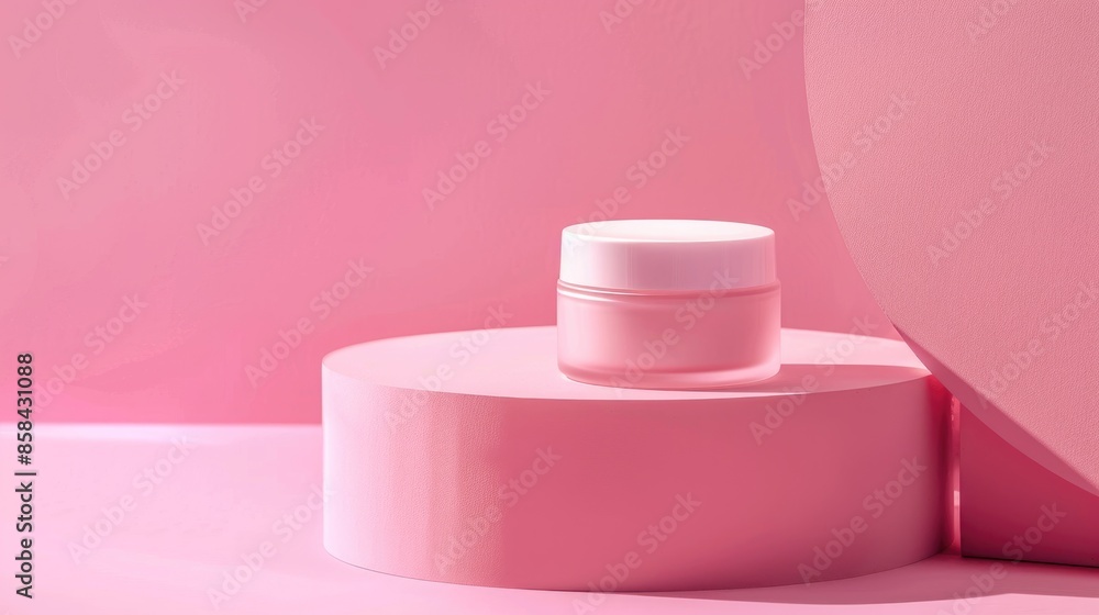Cosmetic jar on pink stand on bright pink background with space Cosmetic jar on pink stand on bright pink background with space
