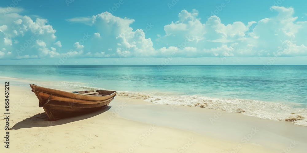 A serene beach view showcasing a wooden boat resting on the shore under a sunny sky with fluffy clouds, evoking feelings of tranquility and leisurely escape. A serene beach view showcasing a wooden boat resting on the shore under a sunny sky with fluffy clouds, evoking feelings of tranquility and leisurely escape.
