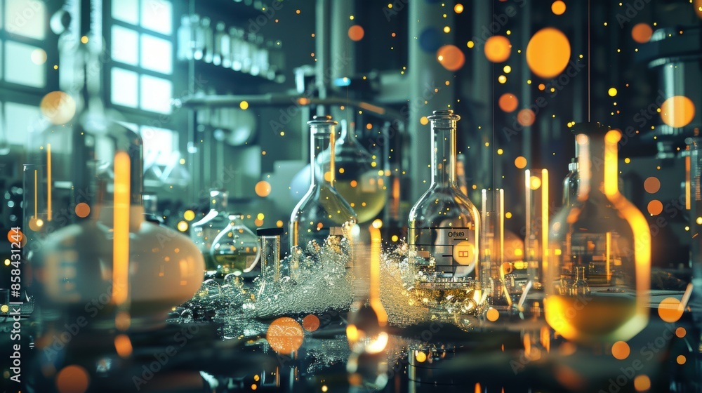 Fototapeta premium High angle view of a busy chemistry lab with bubbling test tubes and glowing particles