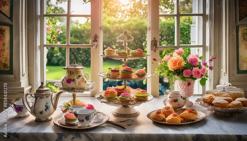 Depict a charming afternoon tea setting with tiered trays of finger sandwiches, scones Depict a charming afternoon tea setting with tiered trays of finger sandwiches, scones