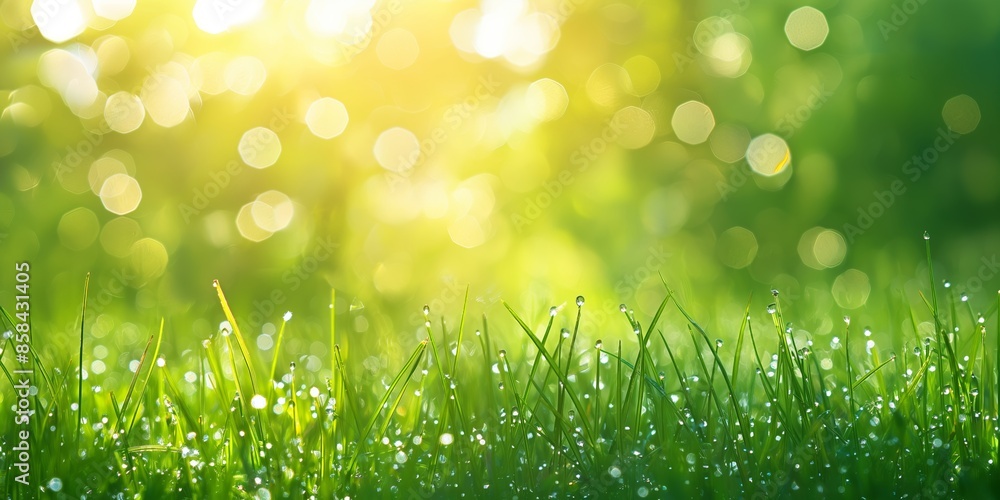 Obraz premium Close-up shot of fresh dewdrops on grass with a vibrant bokeh effect in the background, capturing the essence of a bright and serene morning environment.