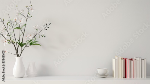 A minimalist white bookshelf against a clean white wall, with books neatly arranged and plenty of empty space for adding text or graphics. The image conveys a sense of simplicity and organization.