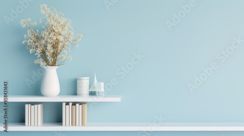 An elegant white bookshelf in a minimalist setting, showcasing a collection of books and decorative items. The clean and uncluttered design provides ample copy space for customization.