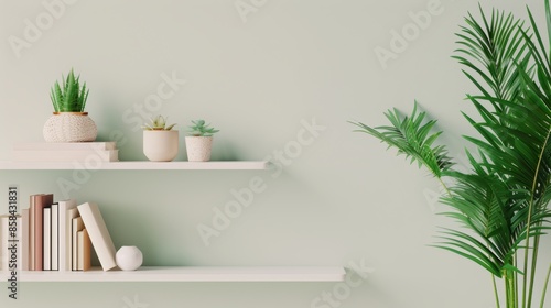 A white bookshelf in a minimalist setting, featuring a selection of books and decorative items. The clean and uncluttered design provides ample copy space for customization.