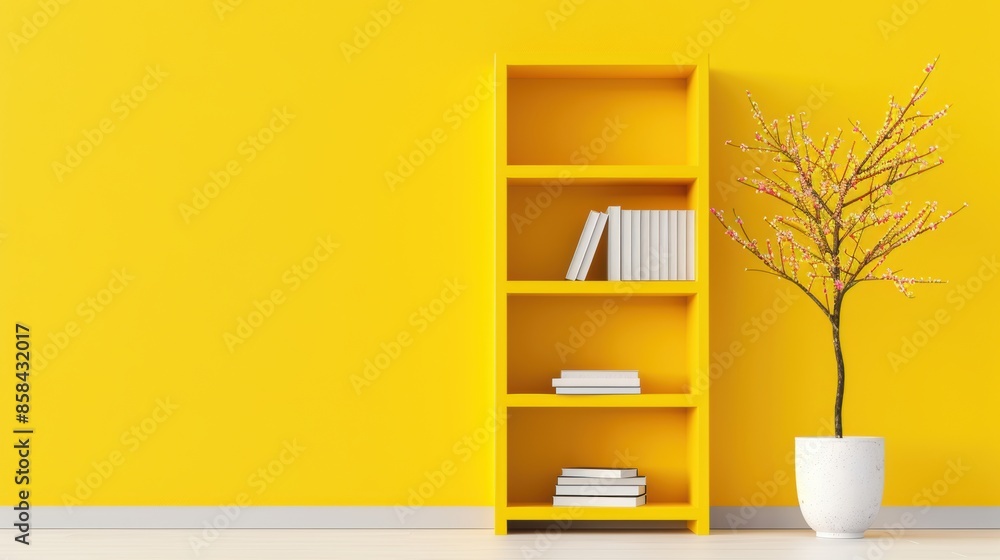 A stylish bookshelf painted in a bold yellow color, adding a pop of personality to any room. The minimalist design and ample copy space make it ideal for showcasing books, decorations, or products in