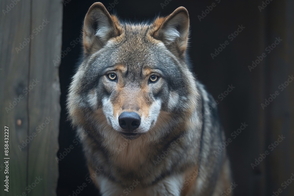 Fototapeta premium An intense close-up of a wolf with a sharp, penetrating gaze, shot in a soft-lit setting
