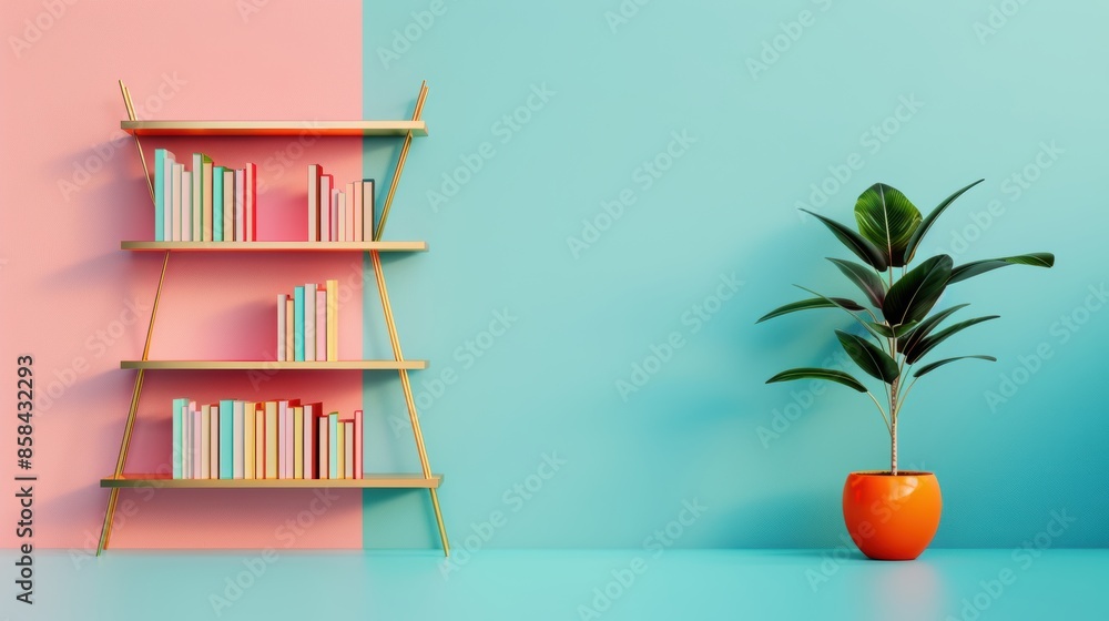 A minimalist bookshelf made of gleaming gold metal, set against a plain background with ample copy space. The luxurious yet simple design adds a touch of elegance to any project. A minimalist bookshelf made of gleaming gold metal, set against a plain background with ample copy space. The luxurious yet simple design adds a touch of elegance to any project.