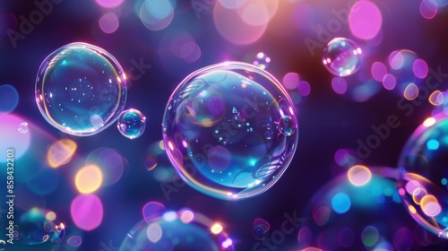 Iridescent neon soap bubbles floating against a colorful bokeh background