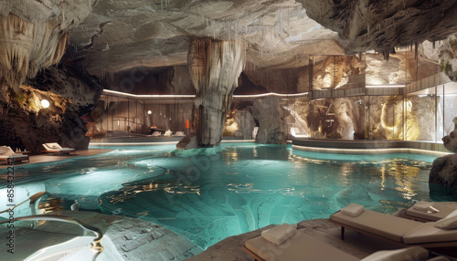 A large indoor pool with a cave-like ceiling and a rock wall by AI generated image