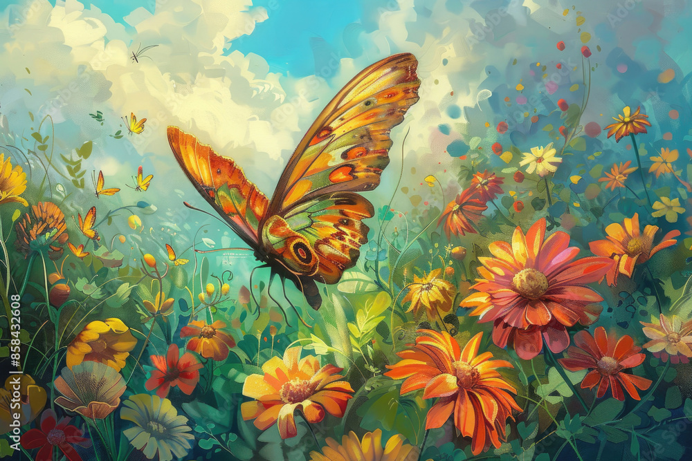 A butterfly flits from flower to flower, wings in motion, in a colorful garden A butterfly flits from flower to flower, wings in motion, in a colorful garden
