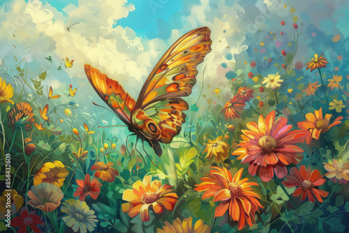 A butterfly flits from flower to flower, wings in motion, in a colorful garden